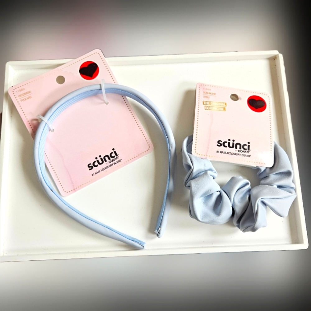 NWT SCÜNCI MATCHING POWDER BLUE FAUX LEATHER HEADBAND & SCRUNCHIE SET!